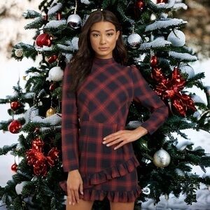- Plaid Long Sleeve Mini Ruffle Dress